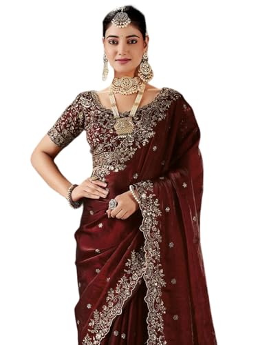 Image of SIRIL Women's Tissue Silk Sequence Embroidery Saree with Unstitched Blouse Piece
