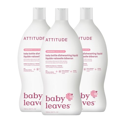 Image of ATTITUDE Baby Bottle & Dish Soap, EWG Verified Bottle Cleaner, Fragrance Free & Dye Free, Removes Milk Residue & Grease, Vegan, Unscented, 23.7 Fl Oz (Pack of 3)