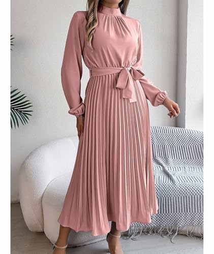 Sexyshine Women\'s Mock Neck Long Sleeve Pleated Chiffon Long Dress High Waist Belted Flowy A Line Cocktail Party Dress(27385PI,L) Pink