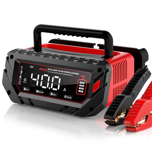 40 AMP Car Battery Charger, 6V/12V/24V Lead-Acid, Lithium, LiFePo4 Smart Battery Charger, Large Screen Trickle Charger,  - Detailed View