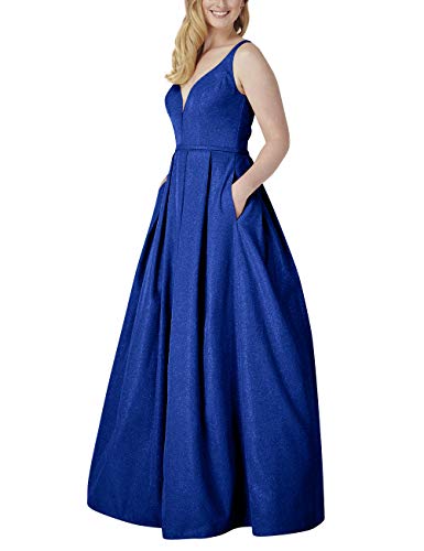 Image of V-Neck Prom Dresses for Women 2025 with Slit A Line Spaghetti Strap Sparkly Formal Party Evening Gown with Pockets,Royal Blue,US12