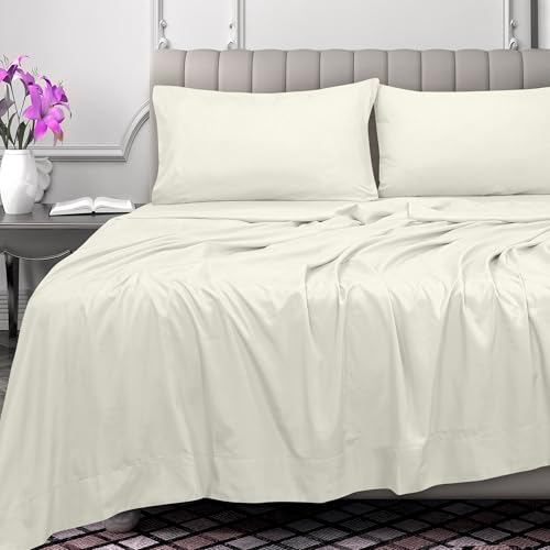 Image of Royale Linens 300 Thread Count 100% Long Staple Combed Cotton - Super Soft -Top Sheet - TwinXL Flat Sheet Sold Separately - Breathable, Cool & Crisp Percale Flat Sheet Only (Twin XL, Ivory)