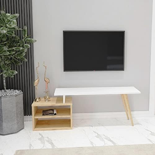 Gold TV Stand - Modern - with Shelves, Shelves - for Living Room - White, Oak Wood, 125.2 X 29.5 X 43 cm