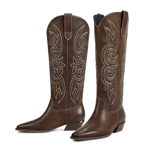 ISNOM Cowboy Cowgirl Boots for Women, Western Boots Square Toe Knee High Boots with Low Heel3