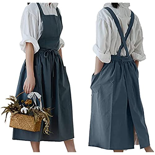 Women Girls Vintage Cute Apron Waterdrop Proof Gardening Works Cross Back Cotton/Linen Blend Aprons Pinafore Dress with Two Pockets