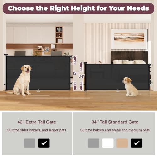 Image of 42 inch Extra Tall Retractable Baby Gates, 76 inch Wide Dog Gate for Stairs | Mesh Gate Indoor Outdoor for Doorways Deck Kitchen, Long Safety Gate for Child Toddler, Prevent Pet from Jumping Over, Black