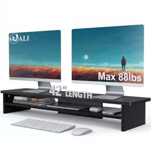 Image of WALI 42 inch Large Wood Dual Monitor Stand Riser with Storage, up to 88lbs | Multi-Purpose Computer Stands, 2 Tier Desktop Organizer Desk Shelf for Home Office PC, Laptop, Printer, TV (WTT001), Black