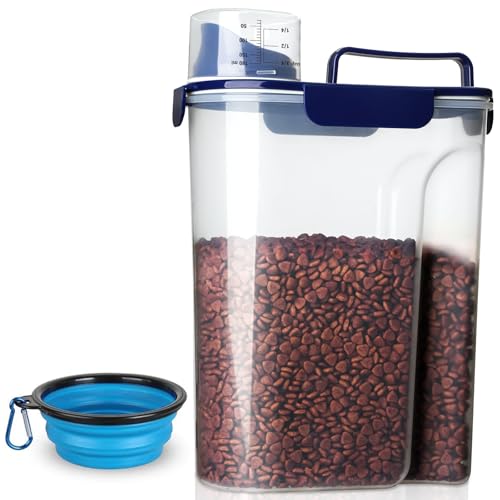 TIOVERY Dog Food Storage Container 5-7 Lbs Airtight Pet Food Container Cat food Container Dispenser with Portable Handle Pouring Spout and a Collapsible bowl for Dogs Cats Navy Blue/6Qt