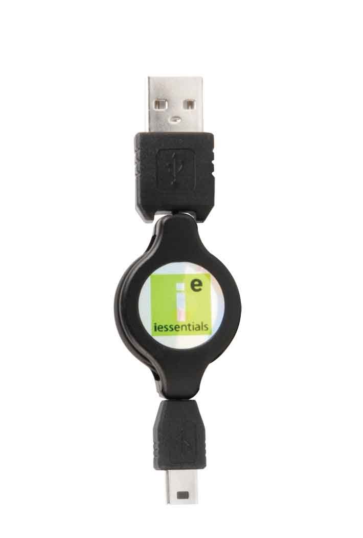 iessentials Retractable Data/Charging Cable, Mini USB to USB (Black)