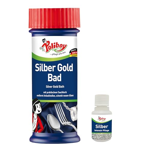POLIBOY Silber Gold Bad - Tauchbad zur Glanzauffrischung - Entfernt Dunkle Anlaufstellen und Schenkt Schmuck Neuen Glanz - 1 x 375 ml - Inkl. Produktprobe - Made in Germany