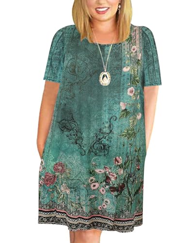 Image of Kancystore Women's Plus Size Summer Dresses Short Sleeve Casual T-Shirt Swing Dress with Pockets
