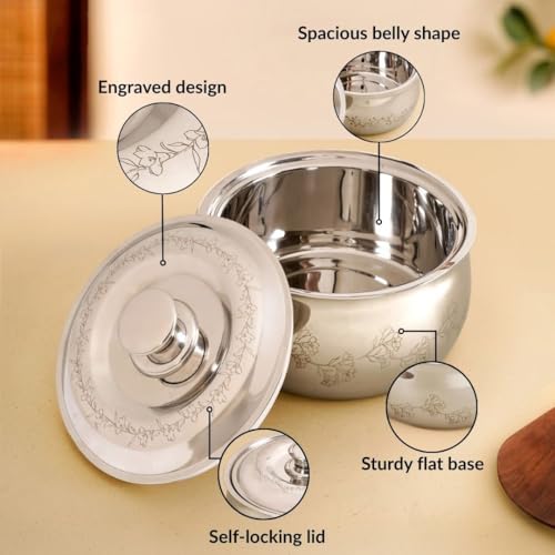 Image of Nestasia Stainless Steel Insulated Casserole with Lid (2000 ml) - 100% Food Safe Casserole for Roti Hot Case with Floral Vine Pattern - Keeps Food Hot & Cold | Rust Resistant & BPA - Free