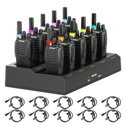 Retevis H777 Walkie Talkie con Auricular, Profesional Walkie-Talkie con Cargador de 6 Ranuras, PMR446 Radio Sin Licencia, VOX, USB-C Walkies con Auricular para Comercial y Seguridad (Negro, 10 Pcs)