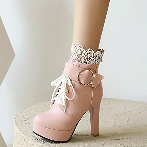 Parisuit Womens Chunky Platform Ankle Boots High Heel Lace Up Boots Sweet Lace Back Zipper Shoes4