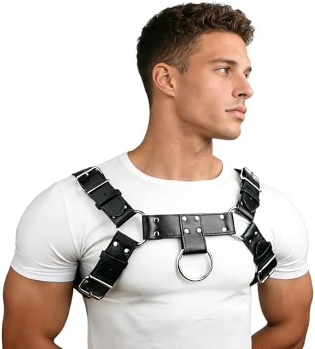 Men Chest Belt Cosplay Costume Top, Adjustable PU Leather Shirt Male Punk Shoulder Straps Fashion Steatement Body Belt Mens Rave Outfit for Festival Party Halloween Cosplay Stage D88