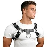 Mens PU Leather Chest Harness Costume Cosplay Top, Adjustable Body Harness Shoulder Straps Male Punk Fashion Steatement Rave Outfit for Music Festival Party Halloween Cosplay D88 (Black)