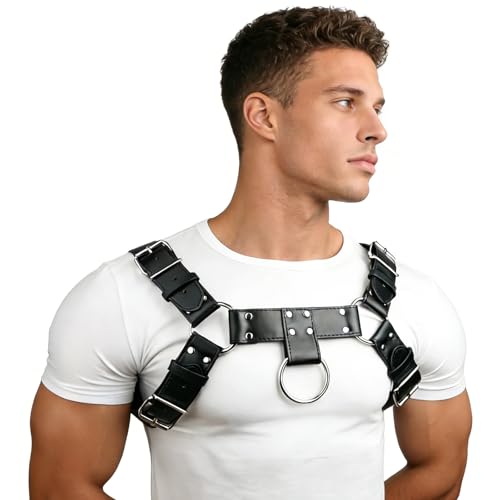 Mens PU Leather Chest Harness Costume Cosplay Top, Adjustable Body Harness Shoulder Straps Male Punk Fashion Steatement Rave Outfit for Music Festival Party Halloween Cosplay D88 (Black)