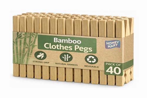Bamboo Clothes Pegs Pack of 40 – Strong Wooden Laundry Pegs with Steel Spring | Large Bamboo Pegs for Washing Line, Hanging Photos, Crafts & Home Use | Durable Eco-Friendly Washing Line Pegs