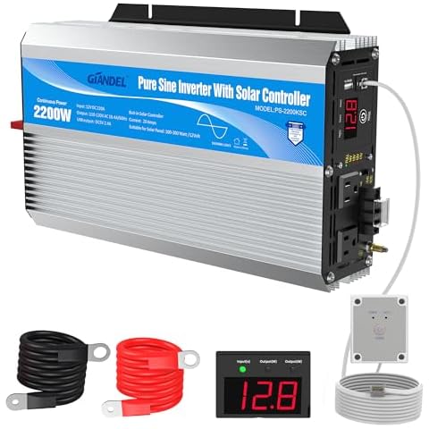 GIANDEL 2200W Pure Sine Wave Power Inverter 12V DC to 110V 120V AC with 20A Solar Charge Control Lithium Battery Compatible and Remote Control&LED Display for RVs Truck Off Grid Solar System Cover