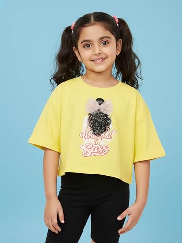 Image of KiddoPanti Girls 100% Cotton Solid Drop Shoulder Half Sleeve Round Neck Crop Tee
