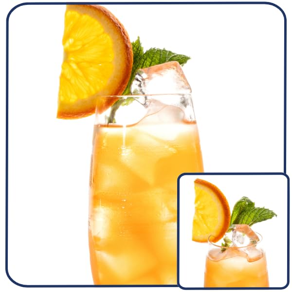 A glass of iced beverage with an orange slice and mint garnish.