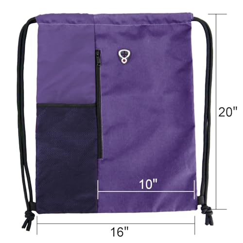 Image of BeeGreen Dark Purple Drawstring Backpack Gym Bag For Men & Women - Sports Sackpack with Mesh Water Bottle Holder & 2 Zippered Pockets - Large 16x20 Inch Cinch String Backpack