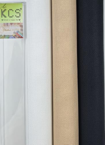 Image of KCS 3 pc of 15 inch x 18 inch(38cmx45cm) 18 Count Cross Stitch Cotton Aida Cloth Needlework Rolled Fabric Box,18CT,White+Khaki+Black