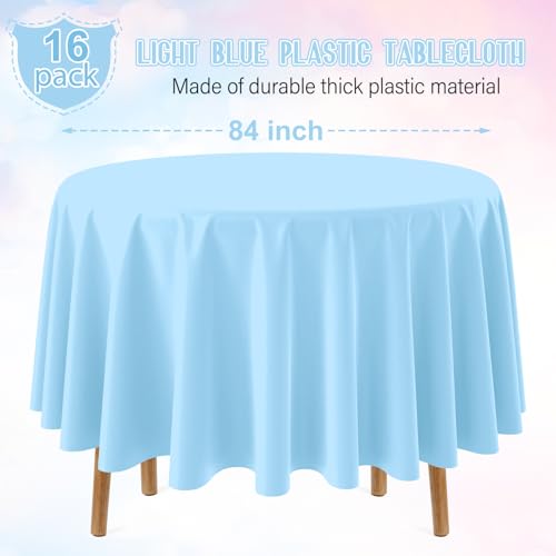 Image of 16 Pack Light Blue Plastic Tablecloth for Round Tables, Premium Decorative Baby Blue Disposable Table Cloths for Parties, Round Party Table Cover for Birthday Wedding Baby Shower Party, 84 Inch