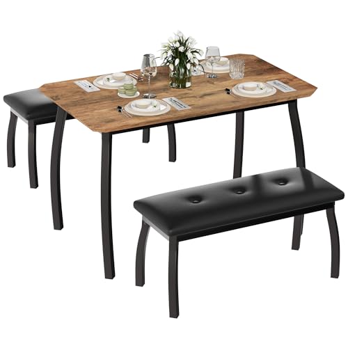 Garvee 43'' Dining Table with 2 Upholstered Benches, Industrial Dining Table Set with Heavy Duty Metal Frame, 3-Piece Kitchen Furniture for Small Spaces, Studio, Restaurant, Home, Retro