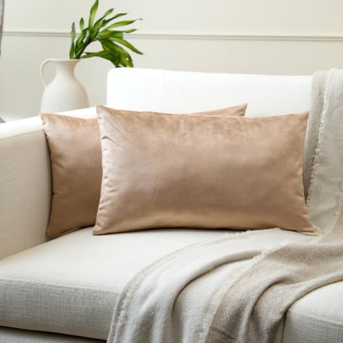 Image of Encasa XO Velvet Throw Pillow Covers 12x20 in (30x50 cm) - Beige - No Inserts, Pack of 2 Cases | Solid Plain Dyed Soft & Smooth, Square Decorative Cushion Covers for Living & Bedroom