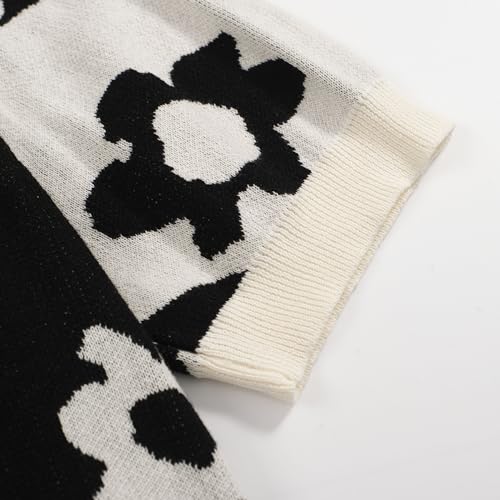 OXKNIT Men's Vintage Knitted Polo Shirt Button Down Black White Polo Short Sleeve Summer Shirt with Flower4