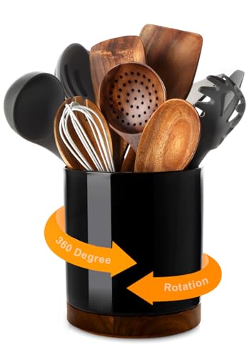 Image of Nucookery 360Rotating Utensil Holder, 7.2 inch Large Utensil Crock, White Ceramic Cooking Utensil Organizer,Farmhouse Kitchen Decor Christmas Thanksgiving Gift (Black)