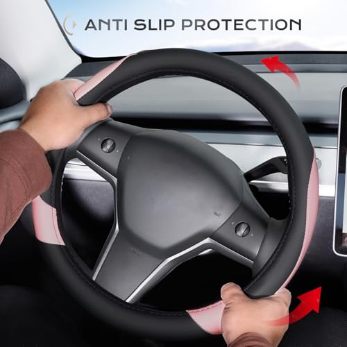 Image of Coverado Car Steering Wheel Cover, Nappa Leather Black & Pink Steering Wheel Covers for Women, Universal 14-15 inch, Anti-Slip, Breathable Steering Wheel Protector