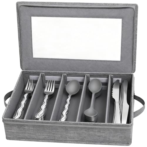 Besteckkasten mit Deckel für Schubladen, Besteck-Aufbewahrungsbox für Besteck, Verstellbarer Utensilien Organizer, Besteckeinsatz für Utensilien Messer, Besteckbox für Küche und Tisch, Grau 42×33×15cm