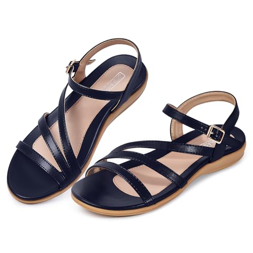 Image of Flat Sandals for Women Dressy - Comfortable Summer Strappy Sandal | Dress Comfy Walking Ankle Strap Open Toe Casual Womens Sandal - Arch Support Cushioned Wedding Shoes for All-Day Comfort