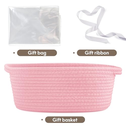 Image of Pro Goleem Small Woven Basket with Gift Bags and Ribbons Durable Baskets for Gifts Empty Small Rope Basket for Storage 12 inchX 8 inch X 5 inch Baby Toy Basket with Handles, Pink