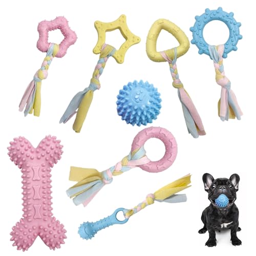 KZARYVEXIS 8 Stück Kauspielzeug Welpen, Natürliches Gummi Hundespielzeug mit Baumwollseilen - Ungiftig...