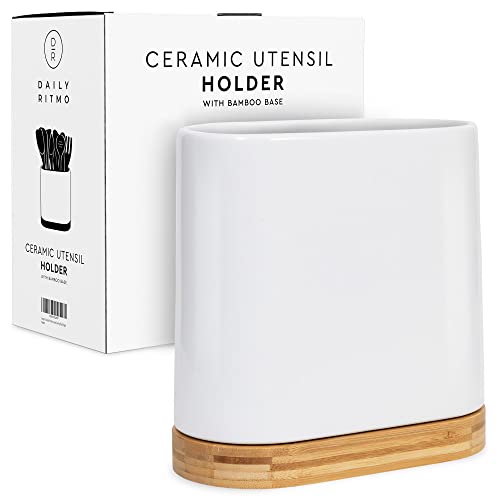 Daily Ritmo Large Kitchen Utensil Holder For Countertop With Bamboo Wooden Base | Minimalistic Cooking Utensils | Farmhouse White Ceramic Tool Crock | Cylindrical Oval Shape | Counter Organizer For Spatula #TOP1