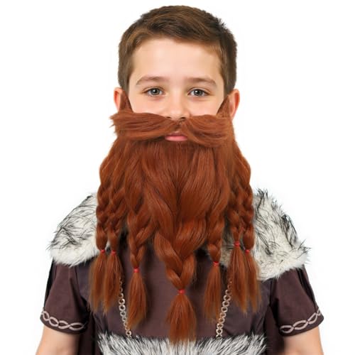 Honcloud Realistic Fake Beard - Novelty Viking Dwarf Pre-Styled Braided for Cosplay & Halloween (Red)