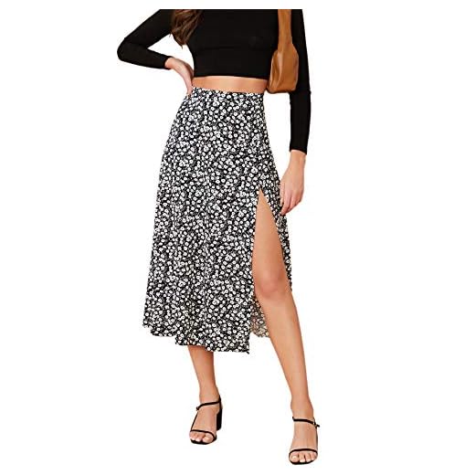 Verdusa Women's Sexy Boho Floral Split Thigh High Waist Swing Midi Skirt Black S