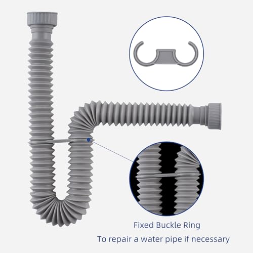 iFealClear 1-1/2" P-Trap Pipe, Flexible Sink Drain Pipe with Rubber Sealing Ring, Expandable Drain Pipe 11"-34.5" P Trap Tubing Pipe for Kitchen Sink & Garbage Disposal, Gray-1 Pack