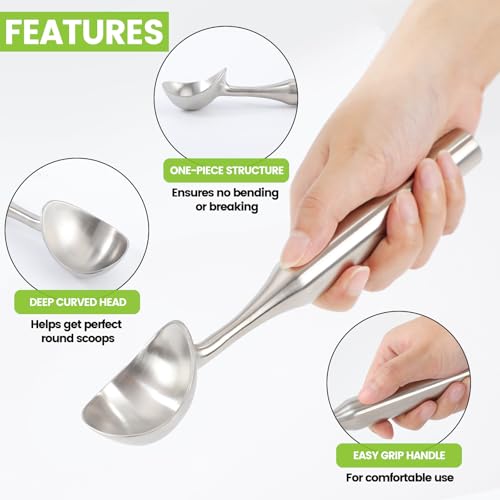 CUNSENR Stainless Steel Ice Cream Scoop - Heavy Duty Ice Cream Scooper with Ergonomic Handle - One-Piece Metal Ice Cream Spoon for Gelato, Sorbet, Cookies - Durable, Easy to Use & Dishwasher Safe