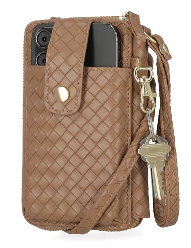 Image of Mundi Jacqui RFID Crossbody Wallet for Women, Vegan Leather Small Travel Handbag with Phone Holder, Compact Organizer with Card Slots and Removable Strap, Vacation Purse in Caramel
