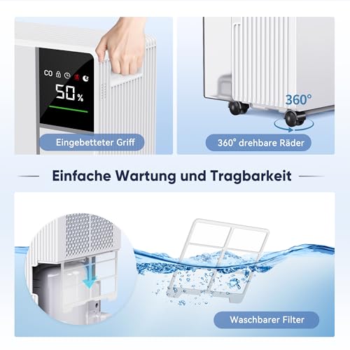Fwoueot Luftentfeuchter Elektrisch, Raumentfeuchter mit Kompressor,16L/24h Entfeuchter für Räume bis zu 45m² (120m³), Automatische Abtauung, 3 Modi, 24h Timer, Großer Tank 2L Mit Rädern,Schlafzimmer