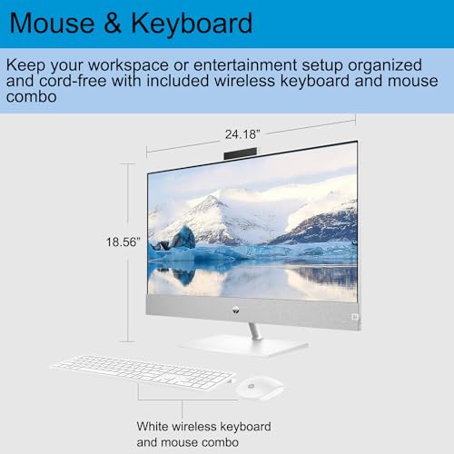 Image of HP Pavilion All-in-One Desktop, 27 inch FHD Touchscreen, Intel Core i7-13700T, NVIDIA GeForce RTX 3050, 64GB RAM, 2TB SSD, IR Camera, Wireless Keyboard & Mouse, Wi-Fi 6, Windows 11 Home, White