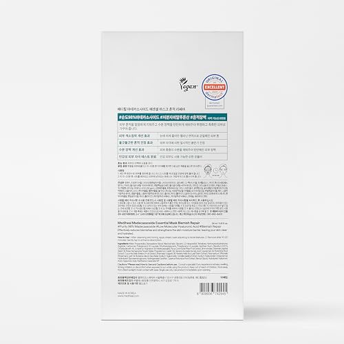 Image of MEDIHEAL Madecassoside Essential Mask Blemish Repair (10 Sheets) Korean Sheet Mask with 98% Purity Madecassoside & Hyaluronic Acid, Redness Relief, Skin Barrier Repair, Deep Hydration, Improves Skin Texture, Vegan Soothing Facial Mask