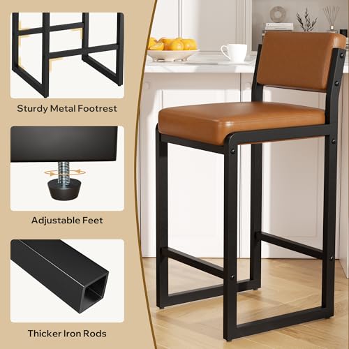 Image of Bar Stools Set of 2, Modern Counter Height Bar Stools with Back,26 inch Caramel