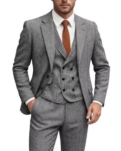 Men's Herringbone Tweed Suits 3 Piece Wedding Business Casual Suit Tuxedo Jacket Vest Pants