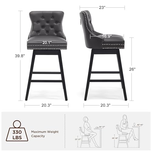 Image of Grey Leather Swivel Bar Stools Set of 6 with Back, 26 Inch Counter Height Chairs, Solid Wood Legs, Tufted Seat, Comfortable and Stylish for Kitchen, Island, Home Bar(Grey, 6 Pack, 26 inch H)