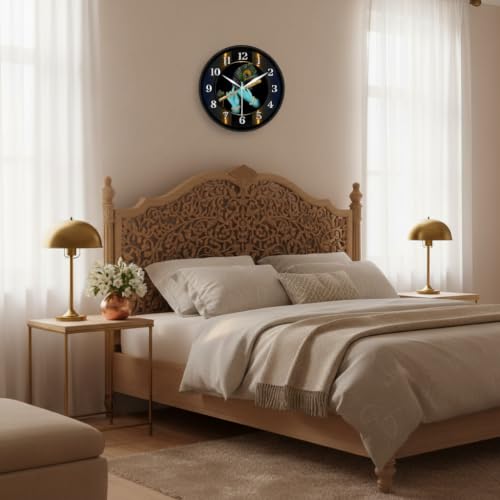 Image of Lord Krishna Flute & Peacock Feather Wall Clock for Puja Room & Living Room | Round Analog Silent Non-Ticking Hindu Spiritual Decor Watch | Mor Pankh Bansuri Timepiece